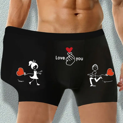 Men's Love Graphic Boxer Briefs - Comfortable daily wear underwear with heart and couple silhouette design, made from breathable polyester-spandex blend.