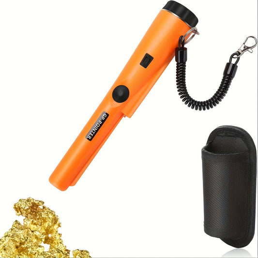 Portable metal detector wand with high sensitivity, 360° search capability, includes belt holster, made of plastic, battery operated (batteries not included), ideal for finding golden coins