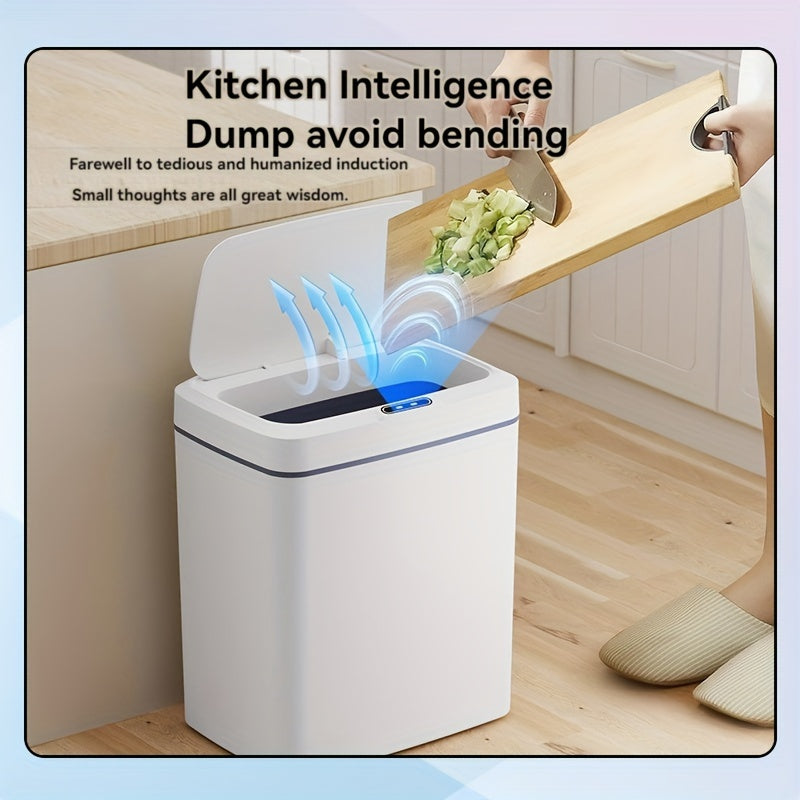 White smart trash can with automatic opening, infrared sensing, and button control for home and office use.