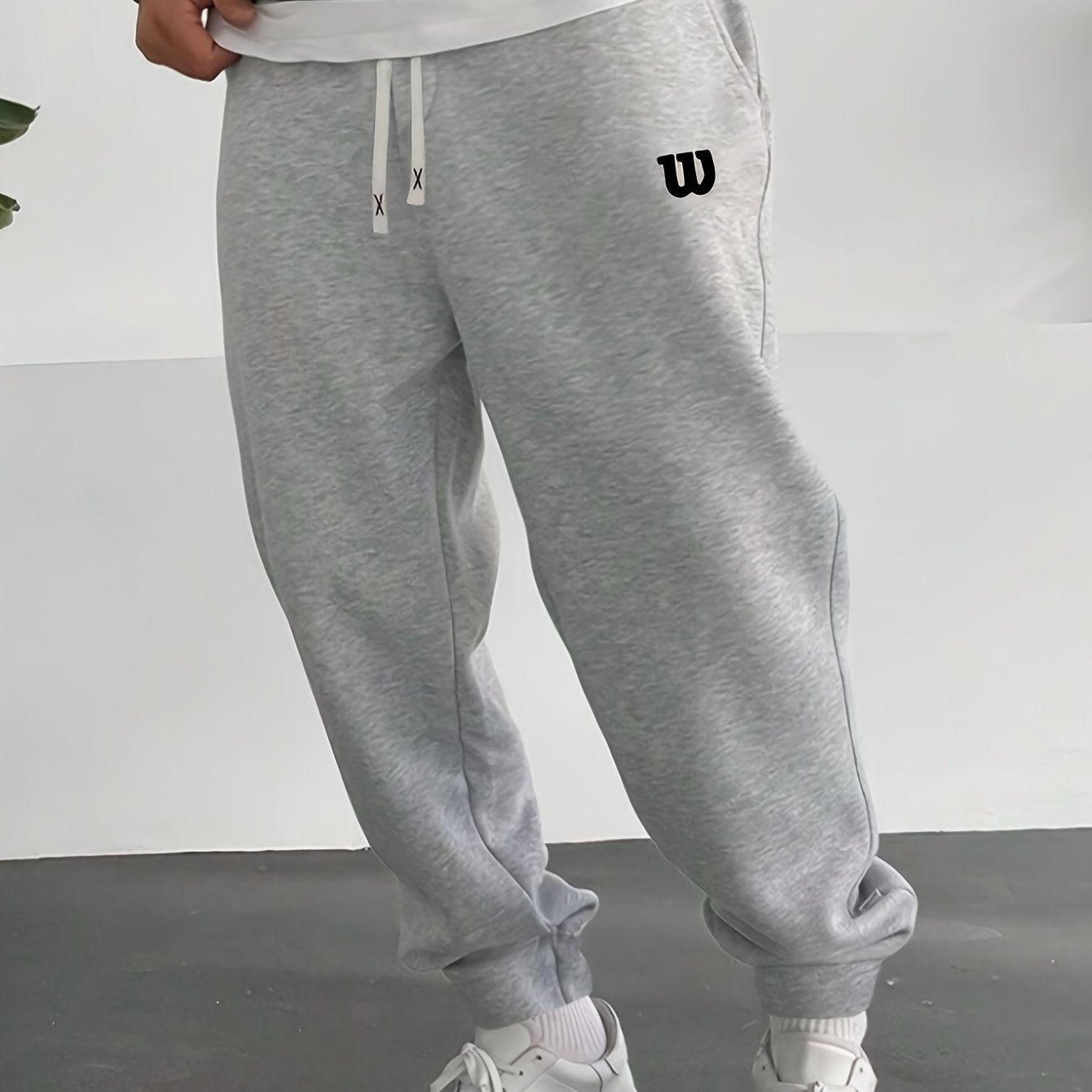 Men's plus size fleece-lined joggers with letter W print - cozy, stretchy athletic sweatpants for fall/winter.