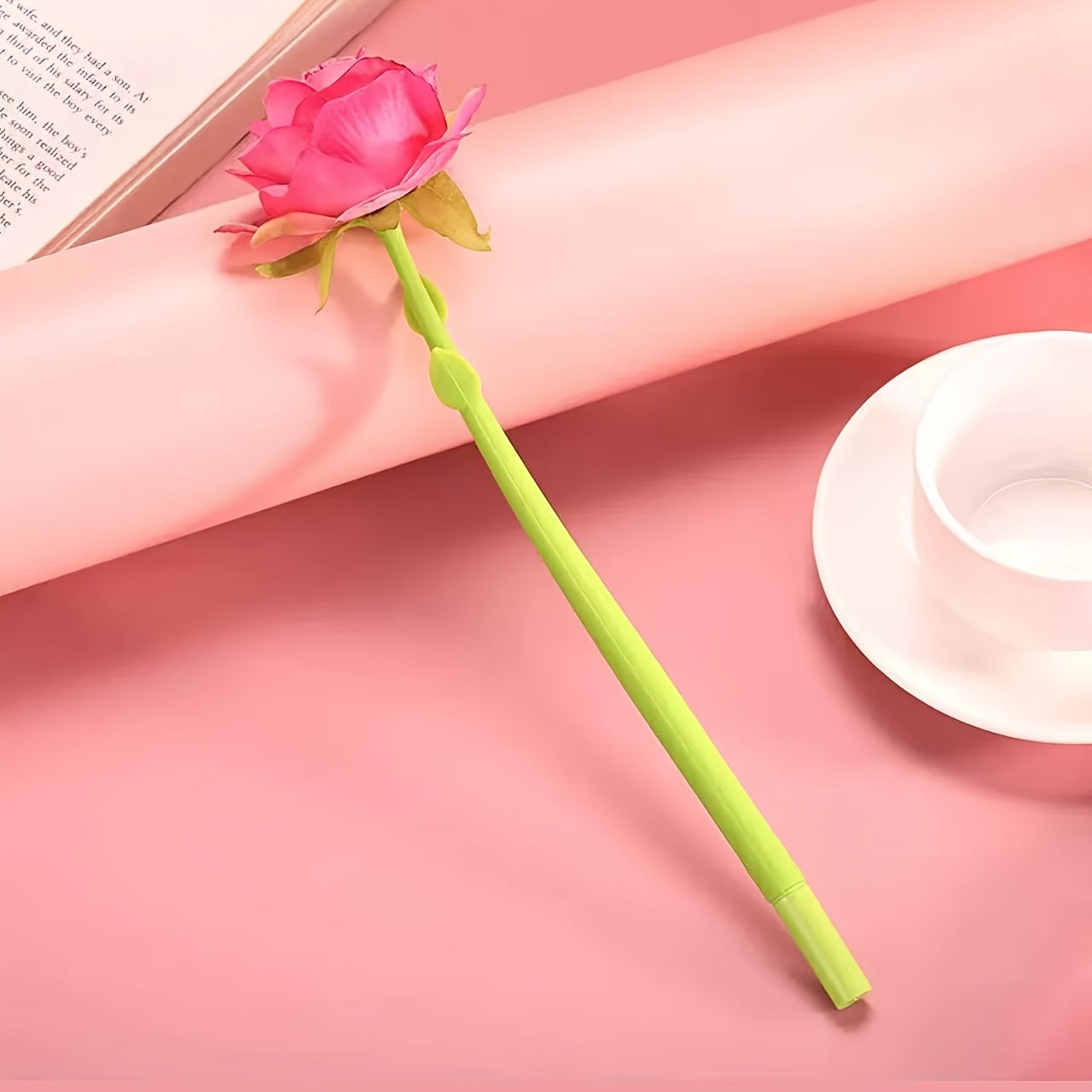 1pc Rose Gel Pen Set with 5pcs, 0.5mm Black Ink Ballpoint Pen in silicone flower design - perfect for gifting on Teacher's Day or Valentine's Day.