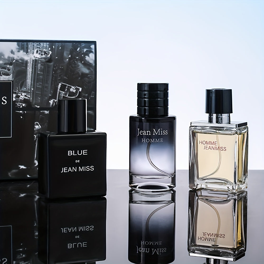 Men's 3-piece Jean Miss Homme Cologne Gift Set features a natural, long-lasting floral scent with no Bisphenol A. Contains 5-15% concentration of fragrance with citrus and woody notes