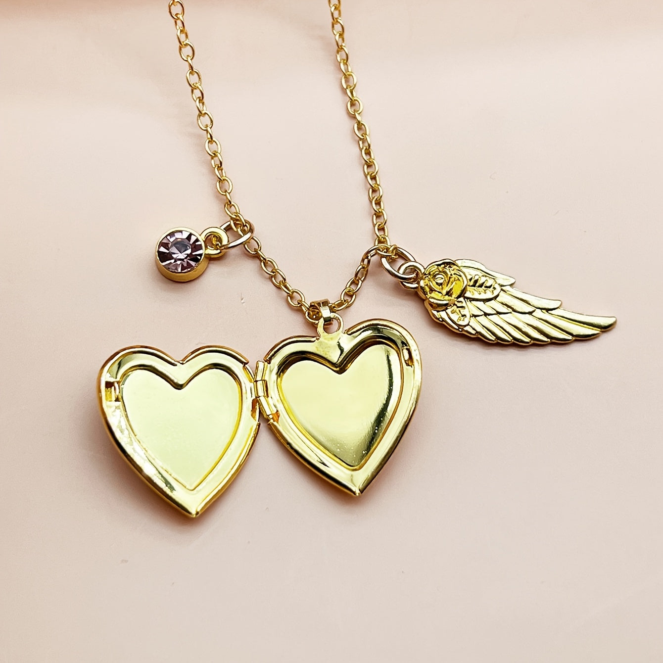 Elegant French-Style Copper Heart & Wing Pendant Necklace with Rhinestone Accents - Perfect for Daily Wear or as an Anniversary Gift. Great for Valentine's Day Surprise. Includes Red Gift Box and Golden Photo Frame.