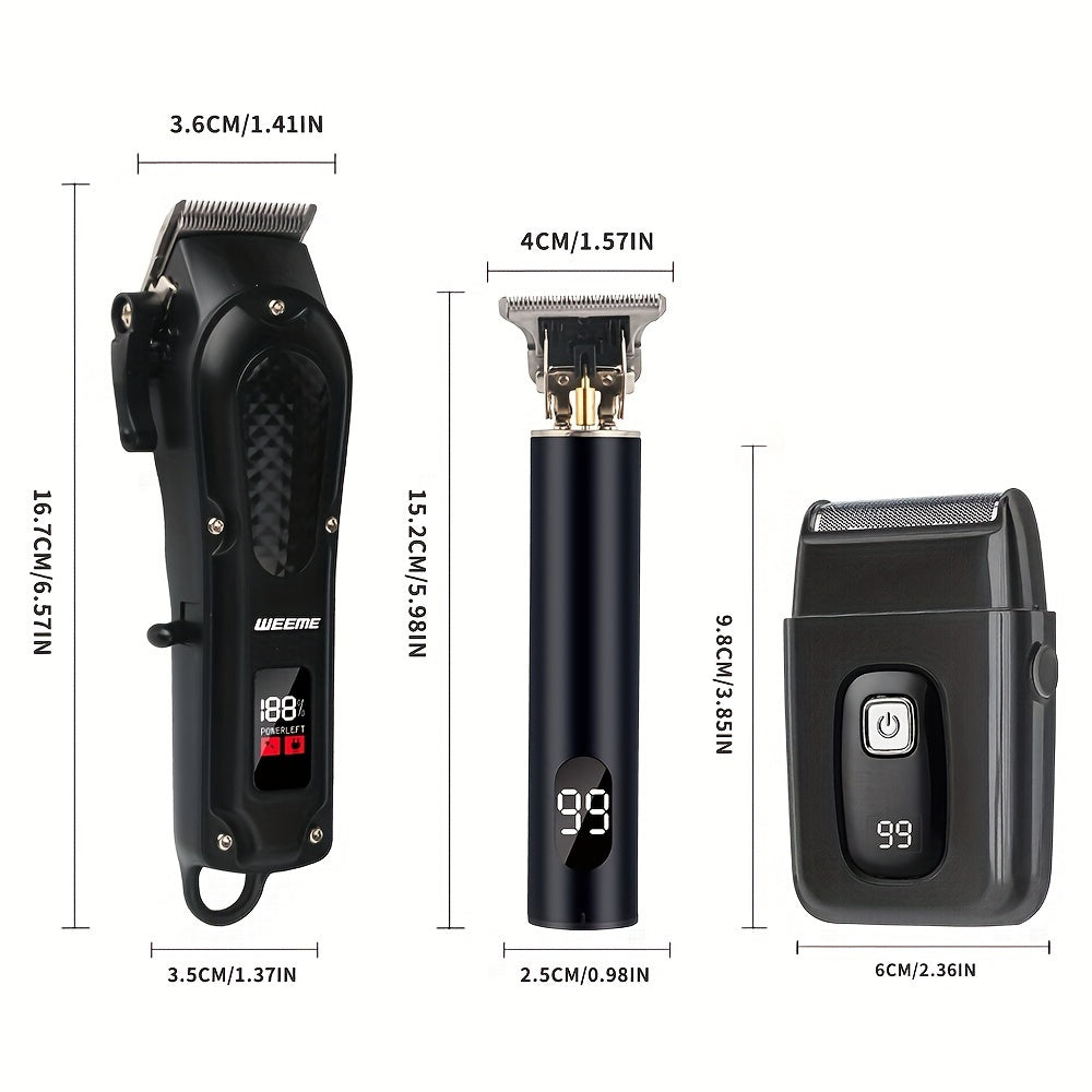 Introducing the WEEME New Technology Black Light Digital Display Three-piece Set - Electric Hair Clipper, T-shaped Trimmer, and Reciprocating Razor. Professional haircut and shaving in one