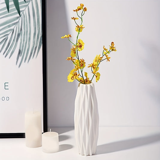 Unbreakable white plastic vase with ceramic appearance for indoor living room decoration.