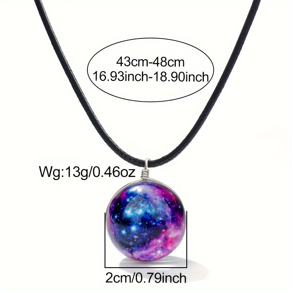 Set of 4 Starry River pendant necklaces featuring dual-sided glass orb and a luminous boho-retro style. Each necklace showcases a cosmic dreamy space gemstone that glows in the dark, making it the perfect accessory for music festivals, travel, and beach