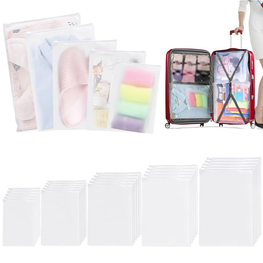 Set of 30 Frosted Travel Storage Bags for Clothing and Shoes, Featuring Zipper Seal Closure. These High-Quality, Convenient, and Safe Large Storage Bags are Ideal for Organizing Luggage, Clothes, Shoes, and Makeup. The Reusable and Space-Saving Sacks