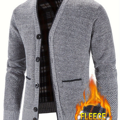 Men's Plaid Fleece Lined Knit Jacket, Casual Stylish Coat for Spring and Autumn