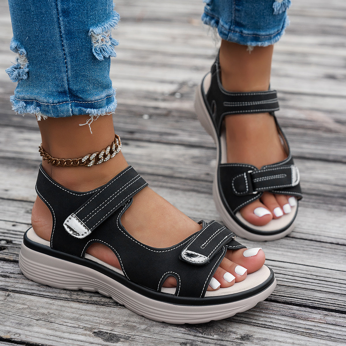 Women's black wedge sandals- breathable PU upper, open toe, ankle strap, hook-and-loop closure, solid color platform heel for beach wear.