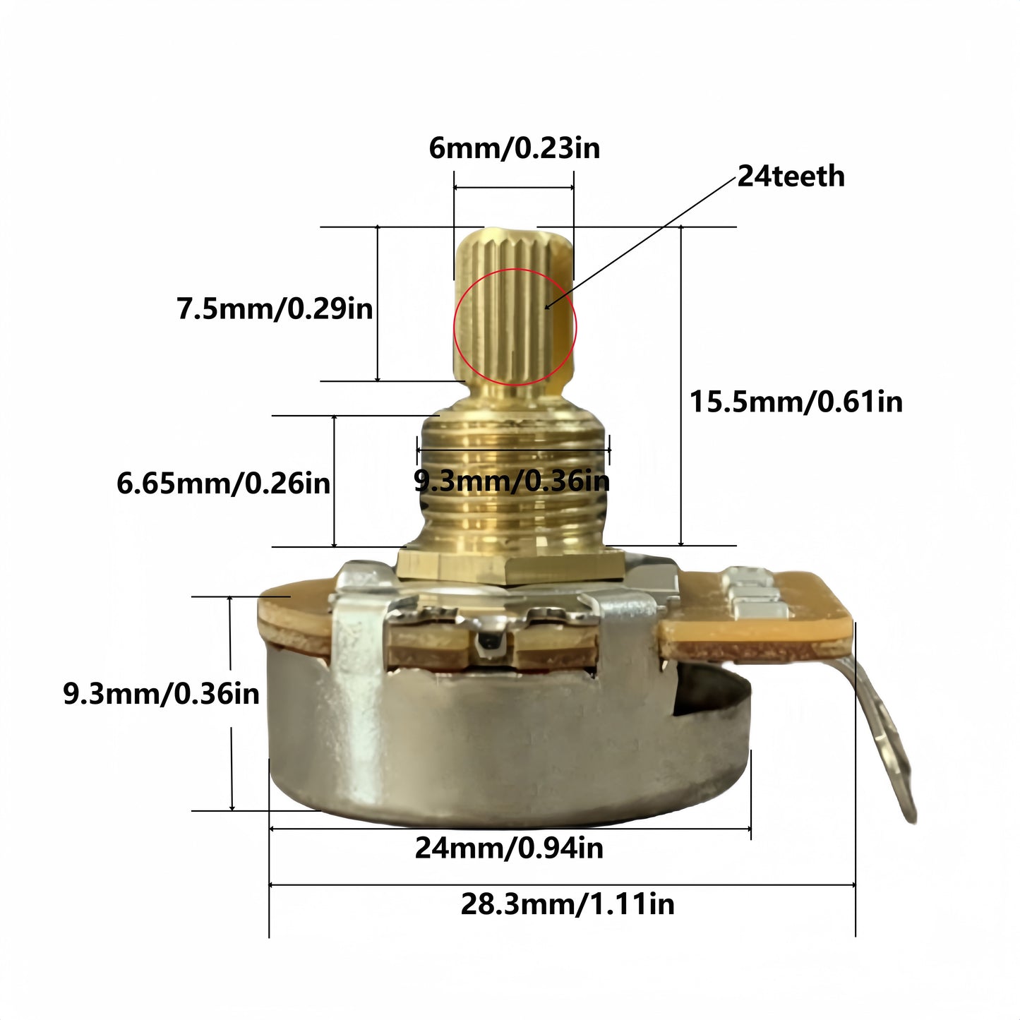 Two Brass Guitar Potentiometers - 3/8" Short Shaft, 15.5mm, 250k/500k Options for Electric & Bass Guitars, Low Noise, Smooth Performance, 24-tooth Copper Bass