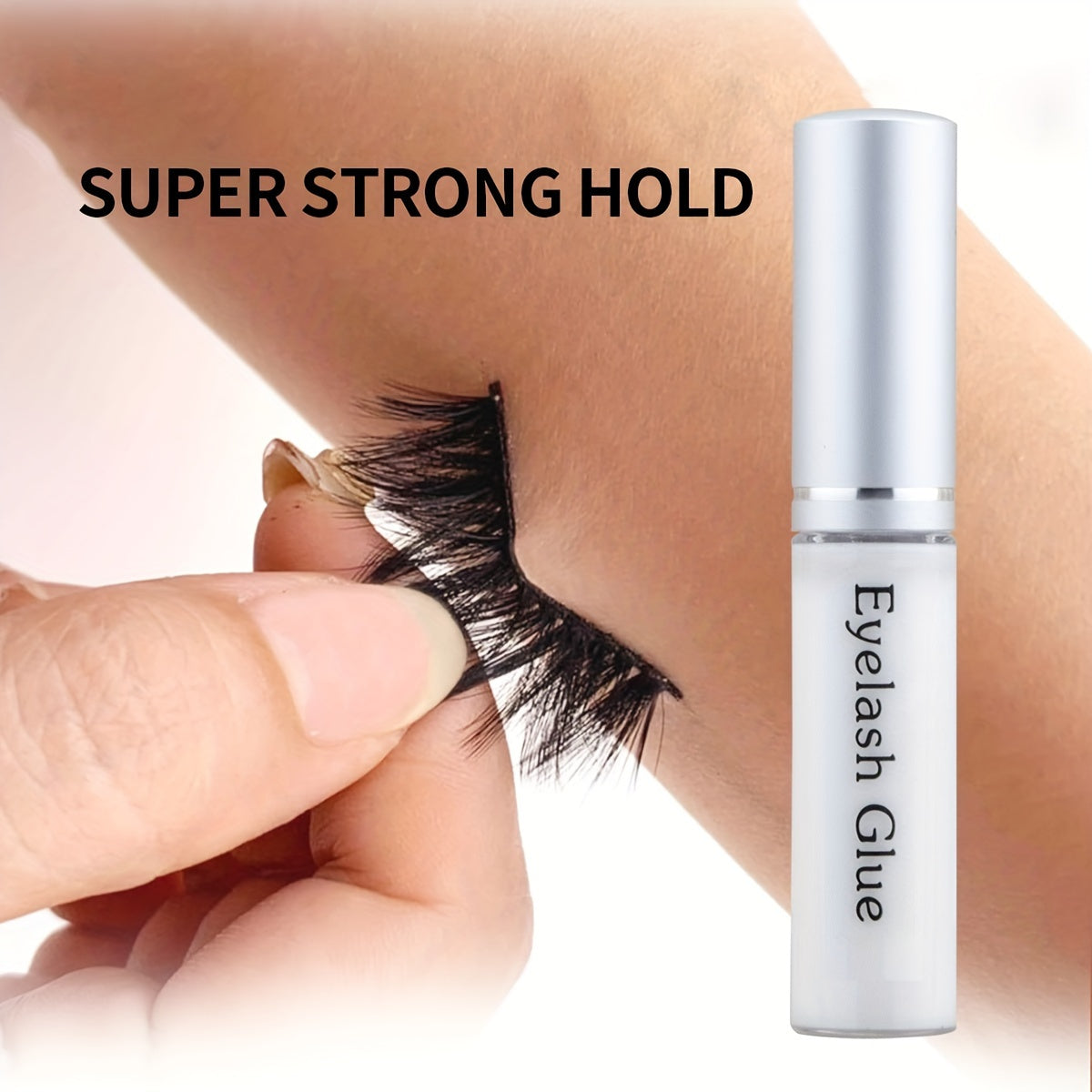 Unscented waterproof eyelash glue for strong hold, compatible with plastic false lashes, long-lasting formula up to 24 hours, sweatproof in ≤100ml bottle.