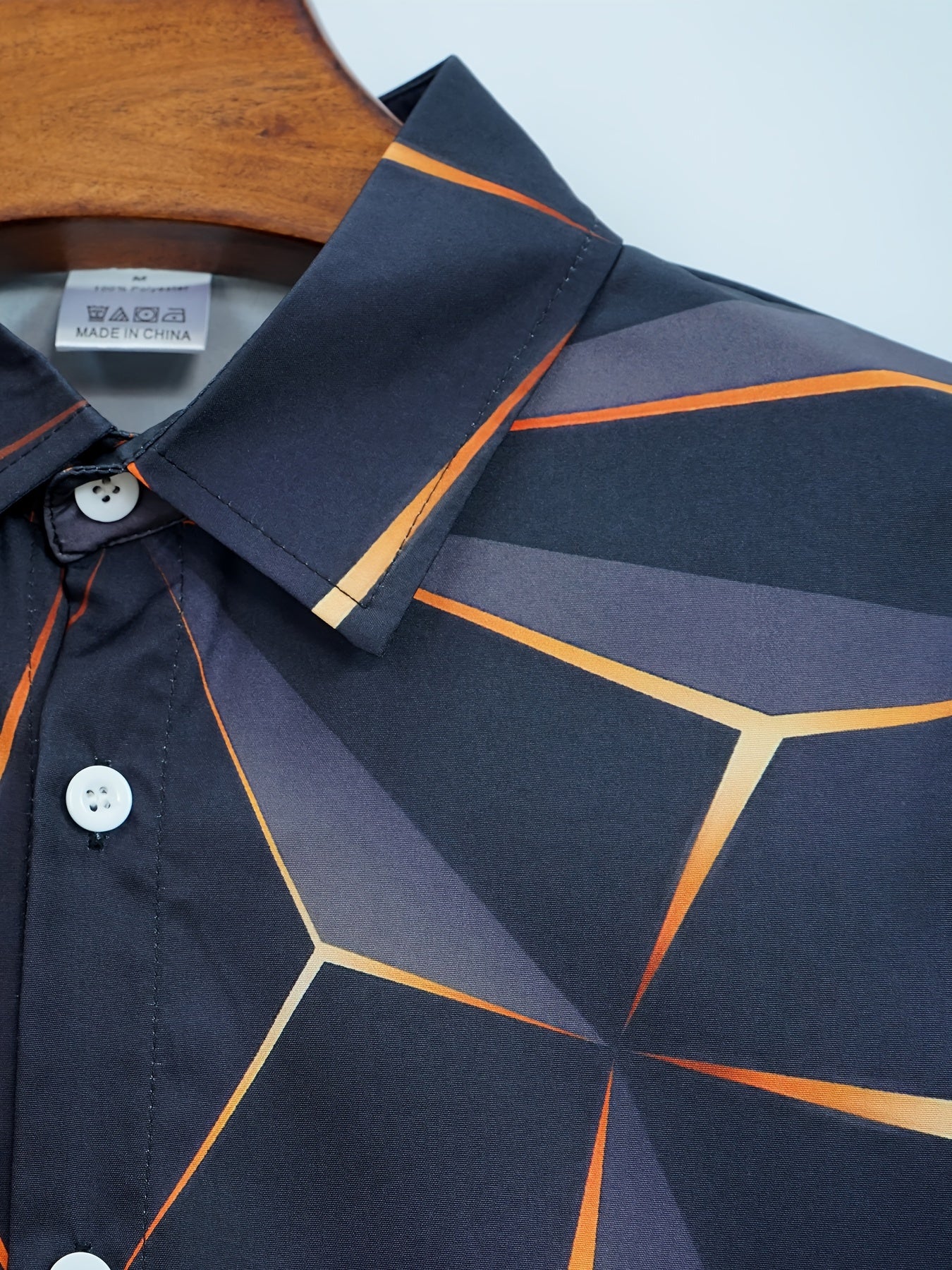 Geometric print shirt for men, long sleeve button-up for spring and fall outdoor wear.