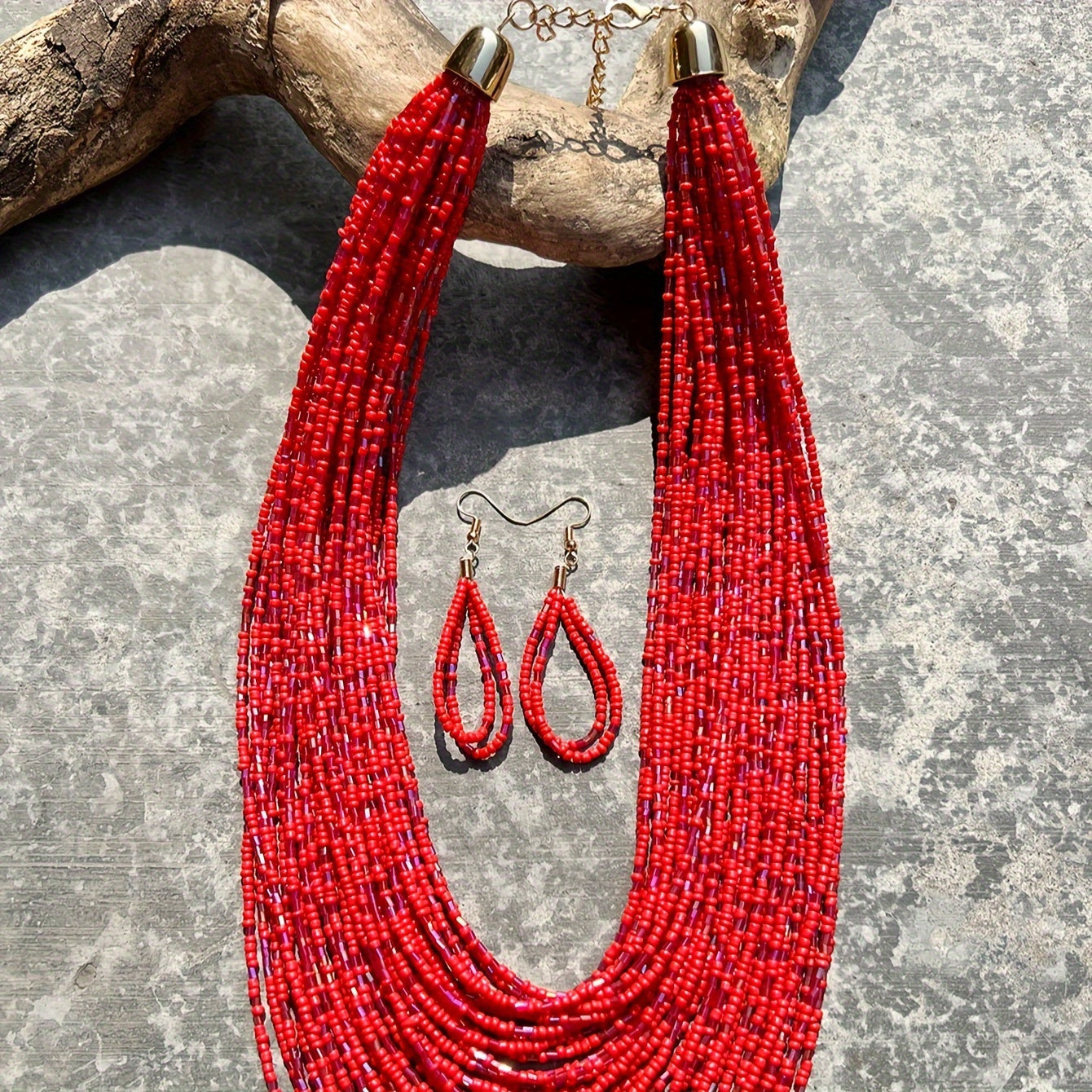 Set of Bohemian Ethnic Style Multi-layered Red Rice Bead Glass Tube Necklace and Earrings, Perfect for Daily Parties - Women's Accessories