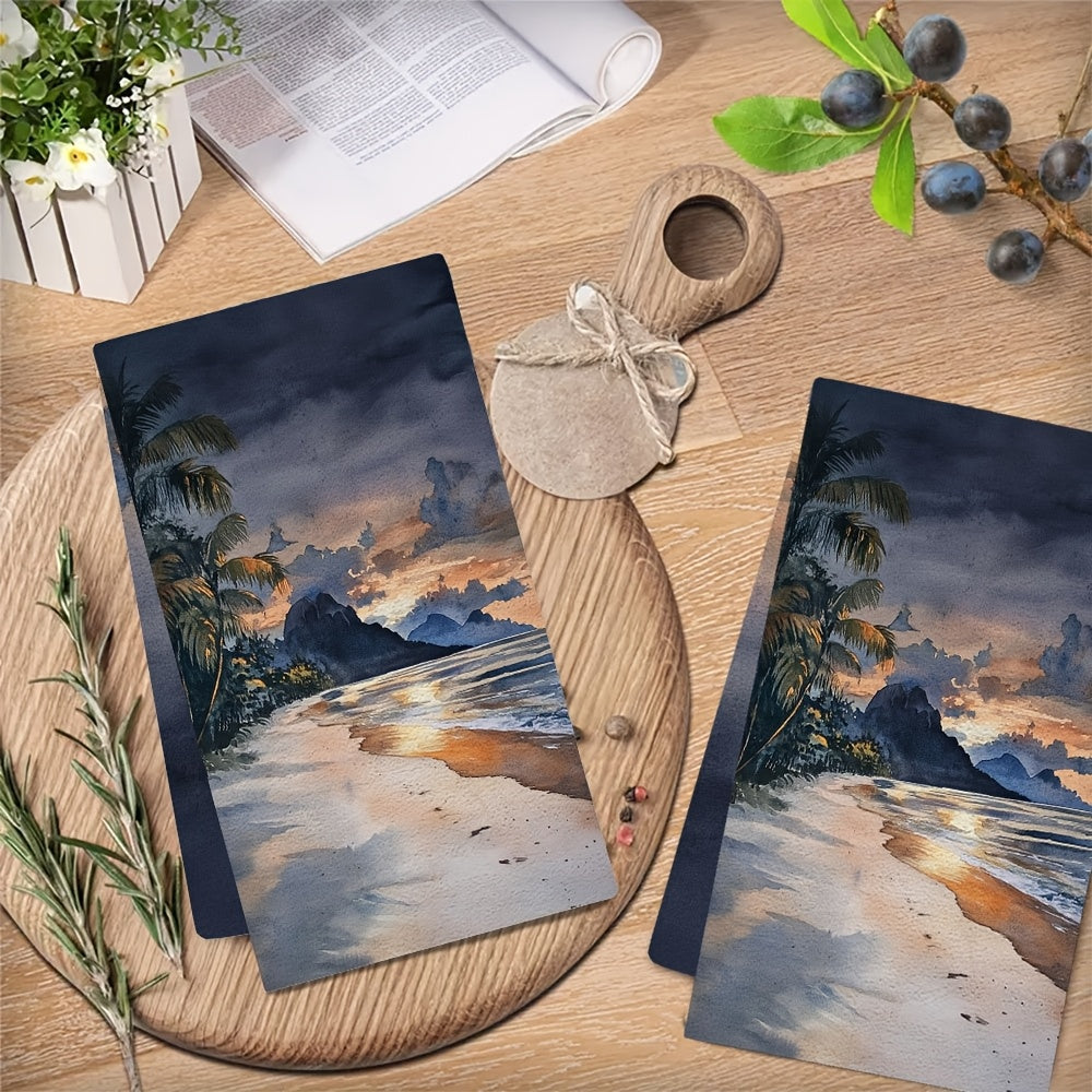 Set of 2 Ultra Soft Kitchen Towels featuring a Tropical Beach Sunset Scene. These towels are highly absorbent and machine washable, measuring 40.64x60.96 cm. Perfect for holiday decor and as dish towels.