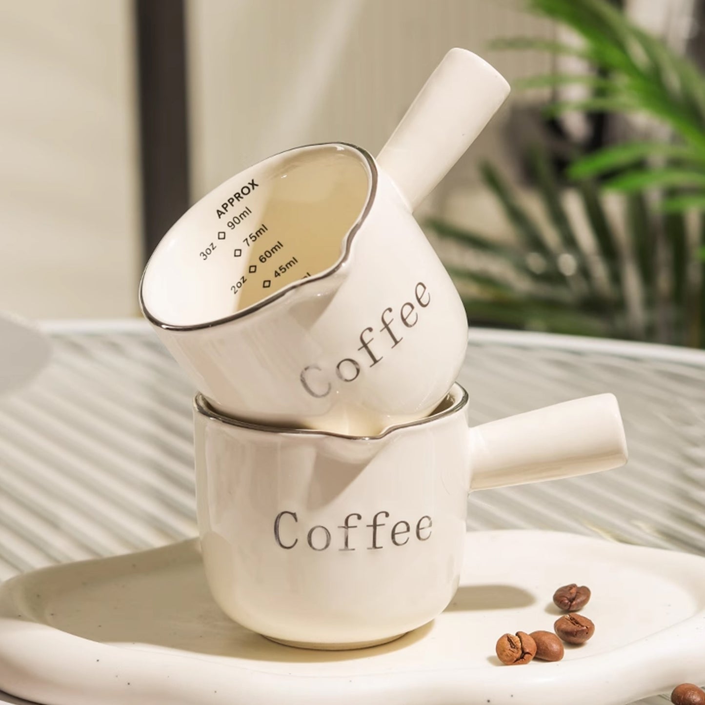 Elegant Vintage Cream Ceramic Espresso Cup with Measurement Scale - Reusable, High-Quality Coffee & Milk Measuring Cup for Home Use.