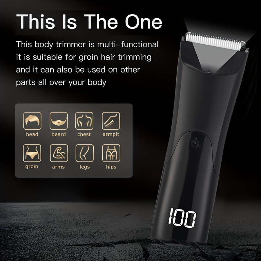 Electric trimmer for men's body and groin hair with ceramic blade head and USB rechargeable 500mAh lithium battery.