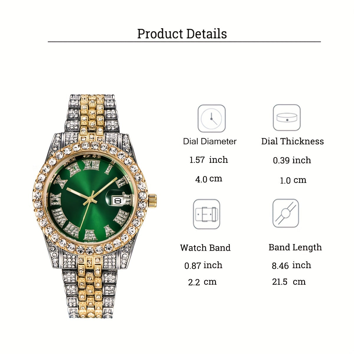 Elegant and luxurious full artificial diamond steel strap quartz watch with calendar, perfect for parties and gift-giving.