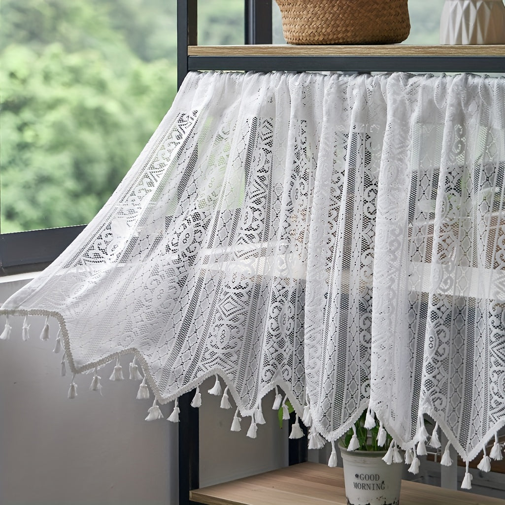 Artistic Boho Geometric Lace Tassel Cafe Curtain Tiers - Made from Polyester, these Semi-Sheer Rod Pocket Kitchen Window Curtains have Thermal Insulated Features. Hand Wash Only. Unique & Cordless Design.