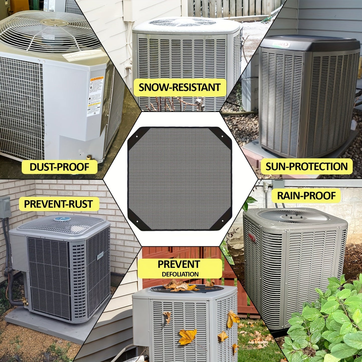 Protect your outdoor air conditioner unit with this set of five durable mesh covers. Each cover includes bungee cords for easy installation and removal. Keep leaves and debris away from your compressor and condenser with these high-quality AC unit