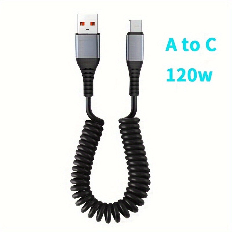 1pc SOZH 120W Super Fast Charging USB to Type-C Cable with Spring Retractable Design, PVC Material, Supports Data Transfer, Compatible with Huawei, Samsung, Apple, OPPO, VIVO - No Battery