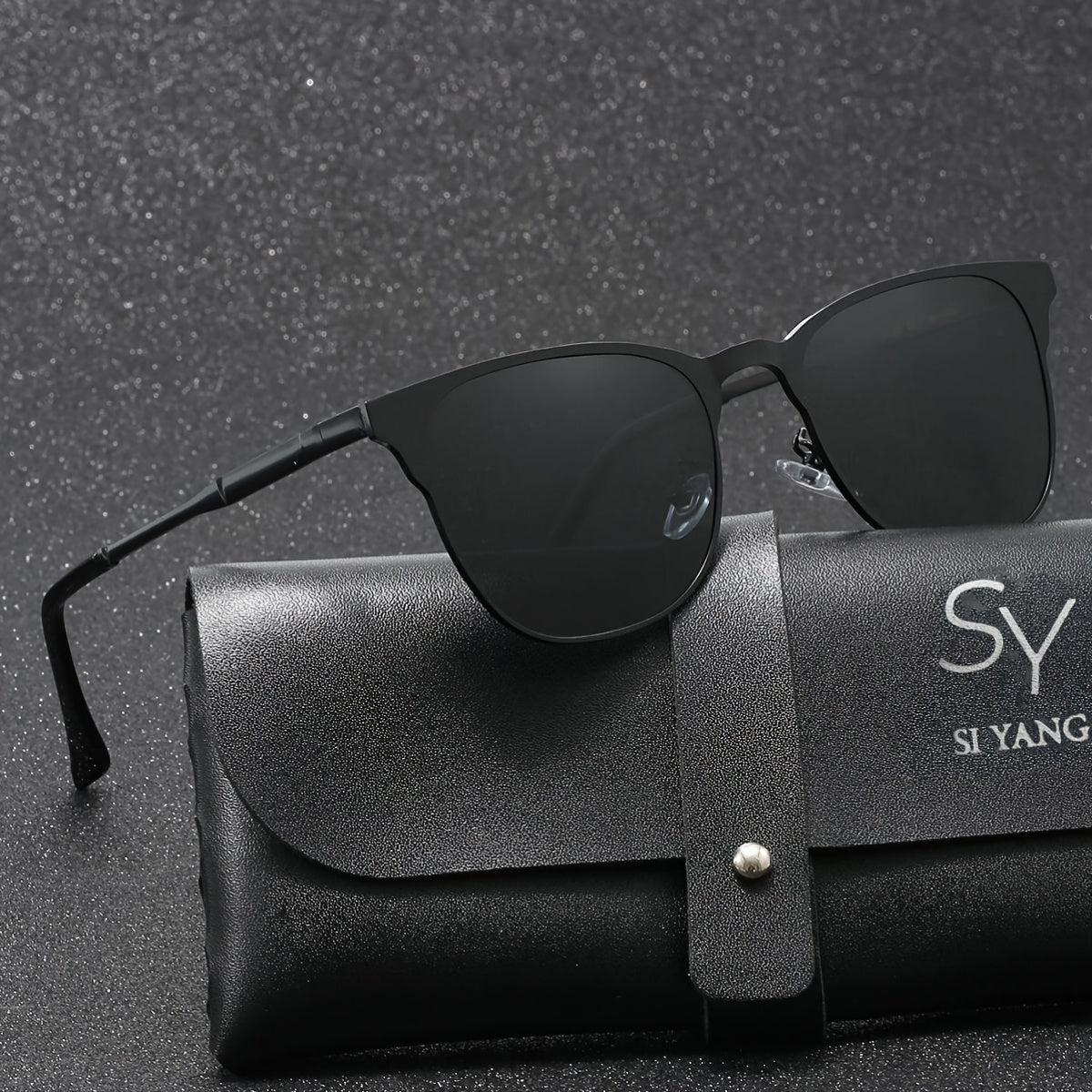 SY SI YANG Men's Ultra-Light Square Stainless Steel Fashion Glasses with Vintage Style, Polarized Lenses, Ideal for Business & Casual Wear, Includes Case & Cloth.