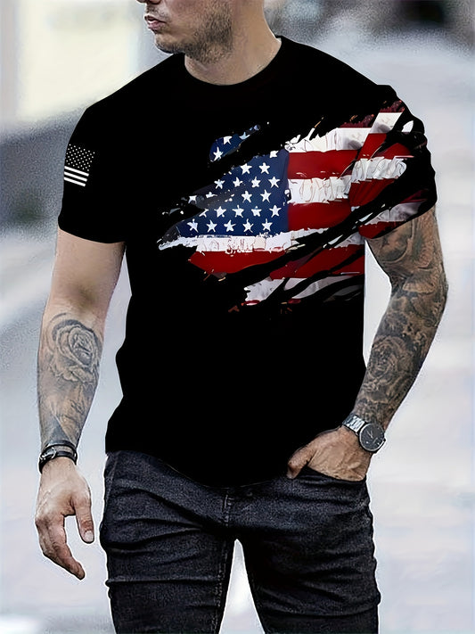 Men's Patriotic American Flag 3D Print T-Shirt - Casual Crew Neck, Short Sleeve, Lightweight Tee for Summer Activities