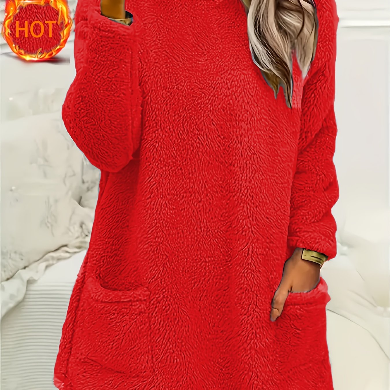 Cozy teddy fleece top for women, crew neck, long sleeve sweatshirt with pocket detail, perfect for fall/winter home wear.