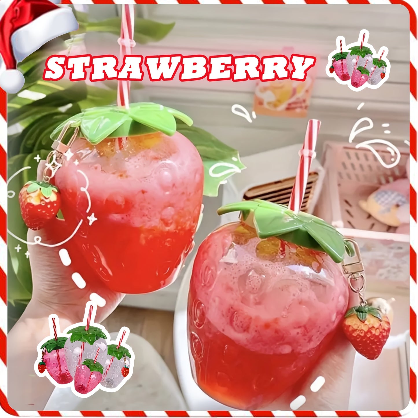 Cute transparent strawberry tumbler with lid and straw, perfect for milk tea or fruit drinks. Great for parties and on-the-go.