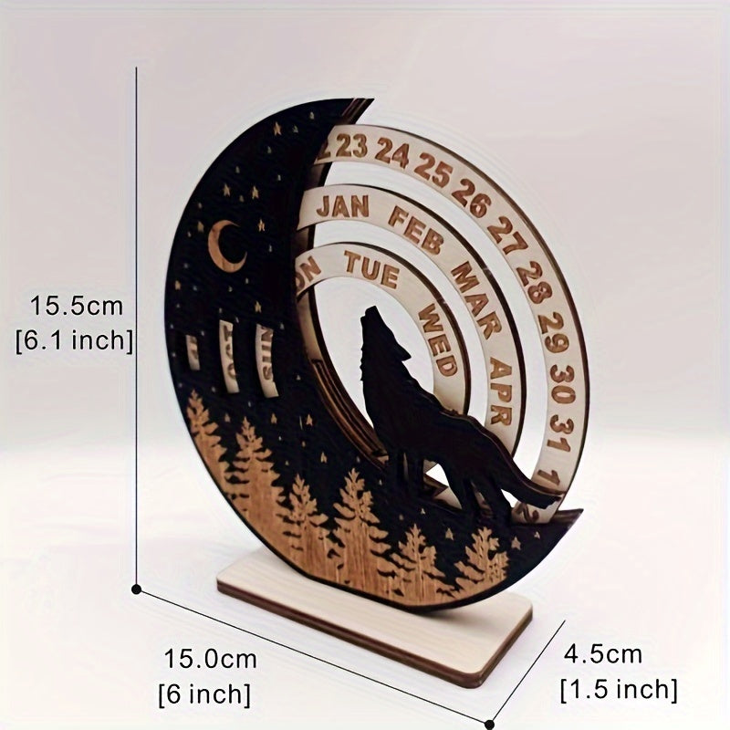 2023 Rustic Wooden Moon Wolf & Cat Calendar with Pine Tree & Star Design, No Electricity Needed, Perfect for Home Décor & Holidays, Wolf-Themed