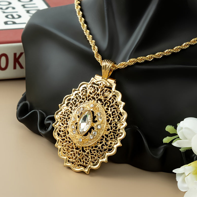 Bridal Jewelry Inspired by Moroccan Design- 18K Gold Plated Pendant Necklace with Vintage Style Hollow Pattern and Oval Synthetic Gemstones, 60cm Twisted Chain Perfect for Party, Wedding, Valentine's Day and Spring Season Events- Zinc Alloy Necklace.