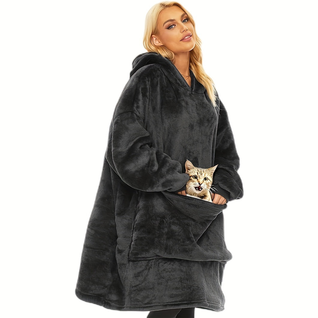 Stay warm and cozy with our Ultra-Soft Black Flannel Hooded Blanket featuring a large pocket. This reversible design is perfect for both indoor and outdoor use, making it ideal for activities such as watching TV, browsing phones, snuggling with pets, and