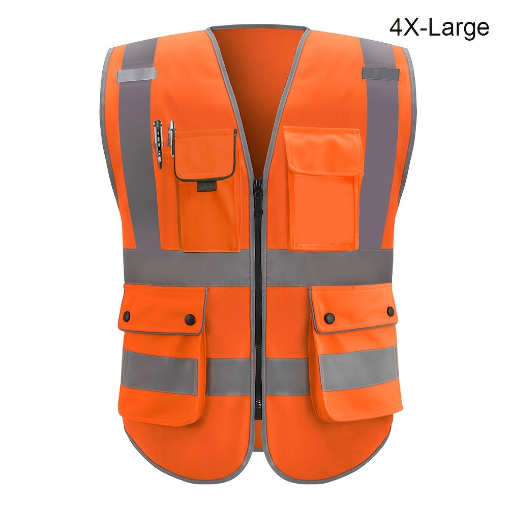 Stay safe and visible in ANSI/ISEA certified reflective safety vest with 8 pockets and zipper.