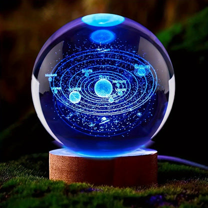 3D Solar System Crystal Ball with LED Base - USB Powered Night Light, Great Gift for Loved Ones - Ideal for Parties & Home Decor