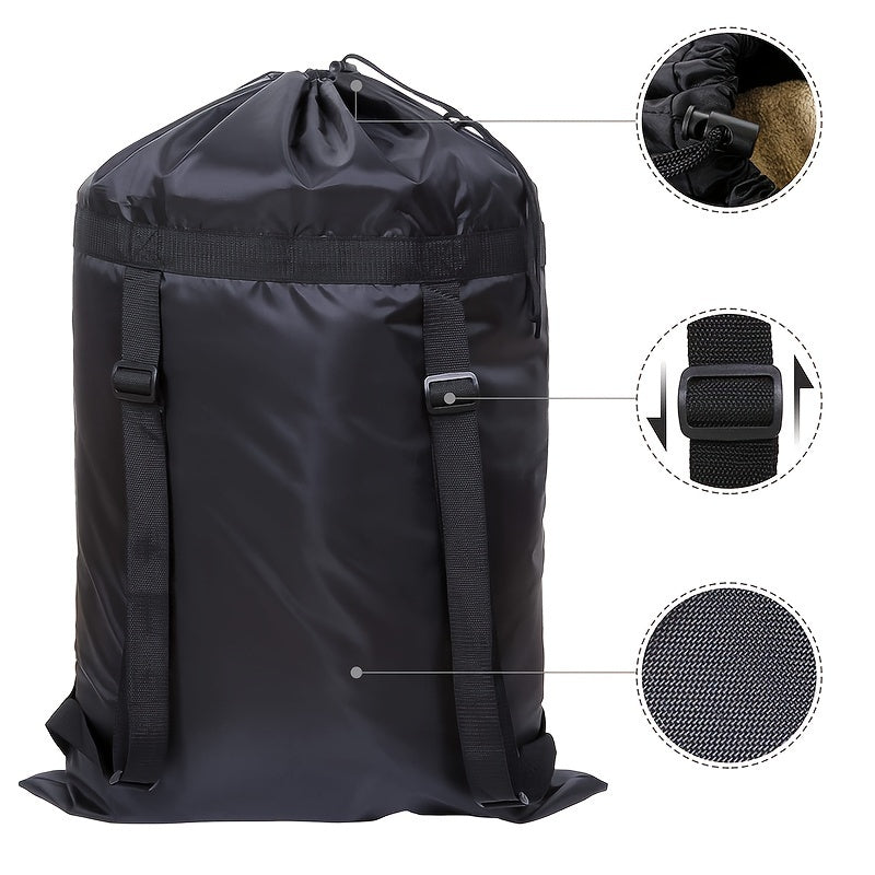 Large laundry backpack with drawstring, made for storing dirty clothes. Includes shoulder straps for easy portability. Ideal for dorms and homes, this durable wash bag saves space while traveling.