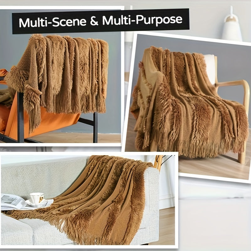 Stay cozy with this contemporary acrylic chunky knit throw blanket featuring tassels. With its solid pattern, lightweight plush texture, and machine washable design, this all-season throw is perfect for adding a touch of style and comfort to your couch