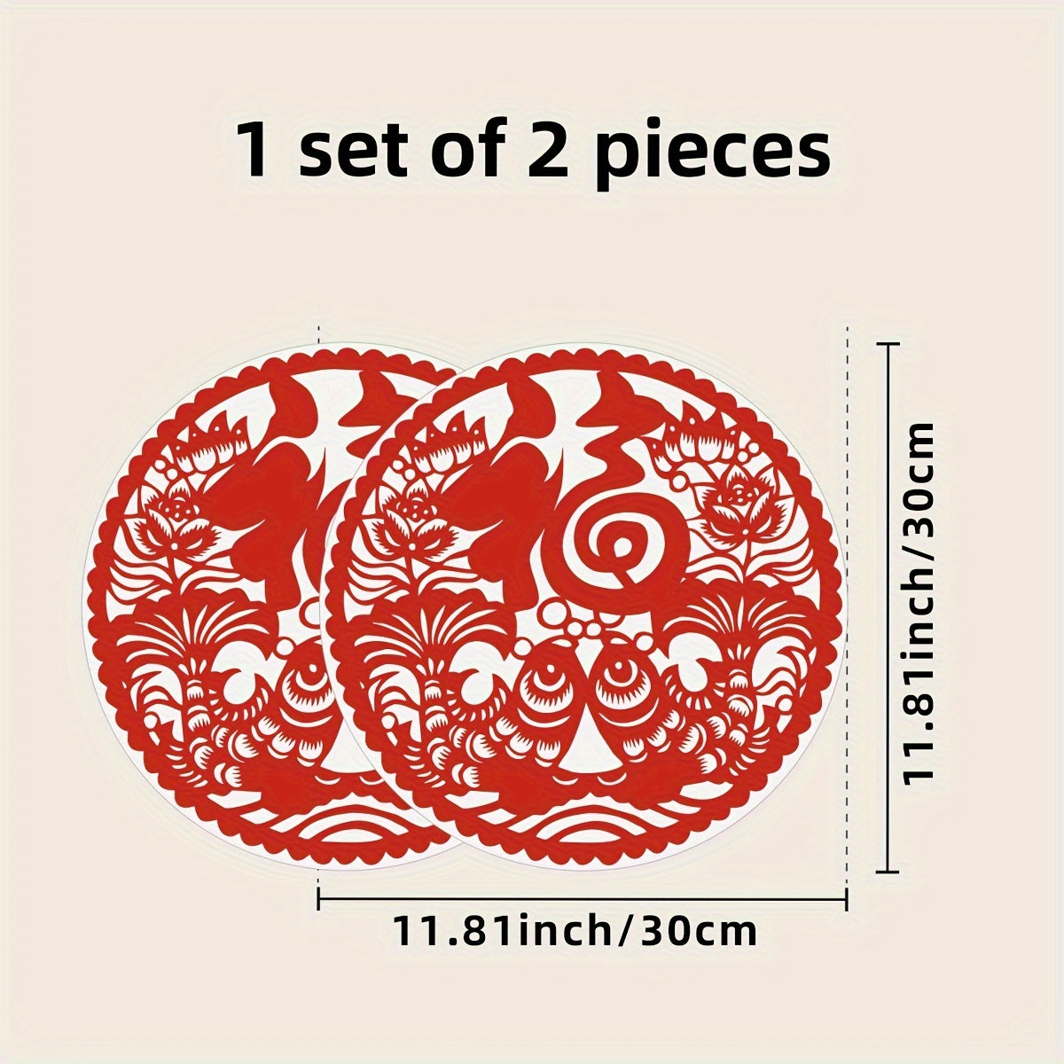 Celebrate the Spring Festival with this set of two red 'Fu' character, fish, and plum blossom window stickers. These waterproof and self-adhesive stickers feature double-sided designs and are suitable for various scenes such as kitchen, bedroom, and