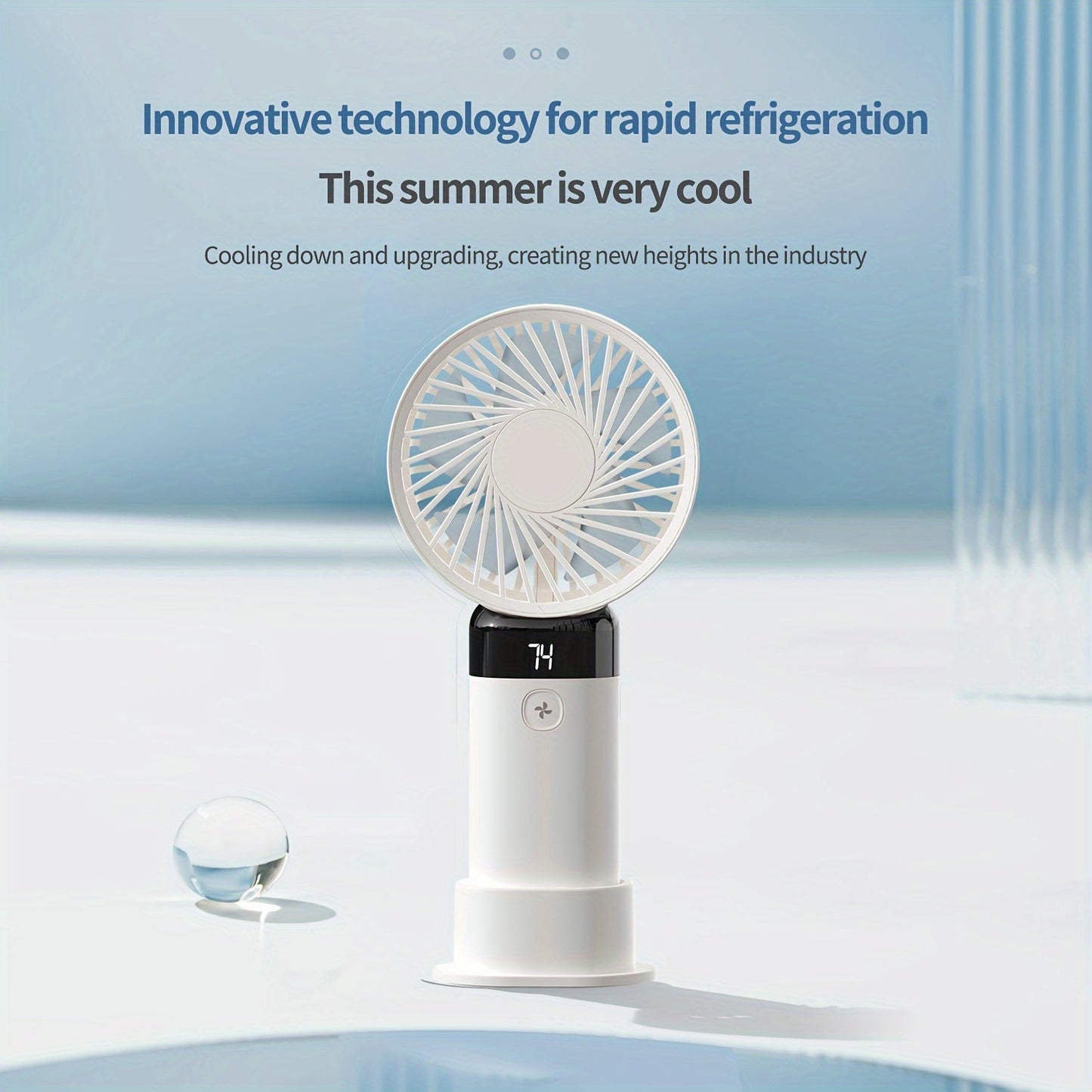 Portable handheld/desktop mini fan with adjustable angle, featuring 3 speeds, a digital display, long-lasting battery, dual-use standing and handheld design, USB charging, low-noise operation, and compact size ideal for office desk, bedside, or outdoor