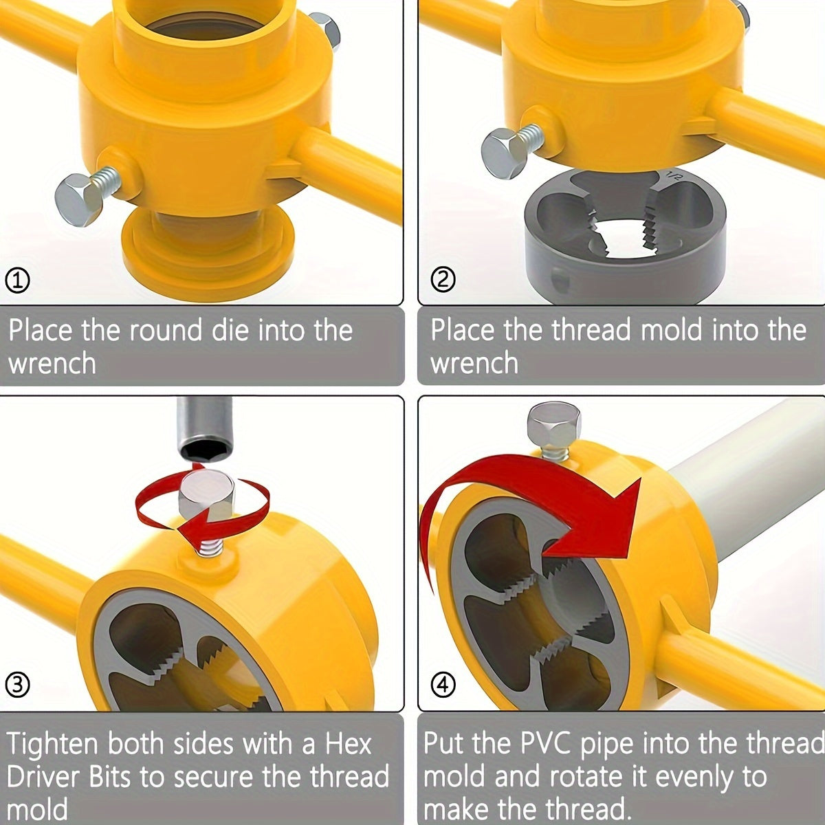 6-piece PVC pipe threader plumbing tool kit includes 1/2 inch, 3/4 inch, and 1 inch dies for PVC threading.