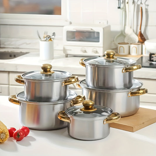 Set of Ten Cookware Pieces: Outdoor Stainless Steel Soup Pot Set with Gold-Plated Double Handles