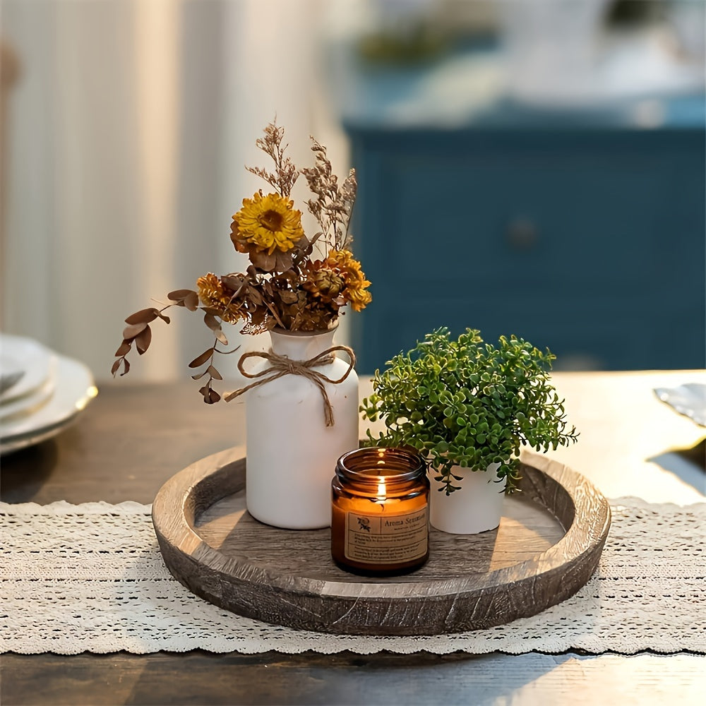 Small wooden candle tray for farmhouse table centerpiece and Halloween home decor.