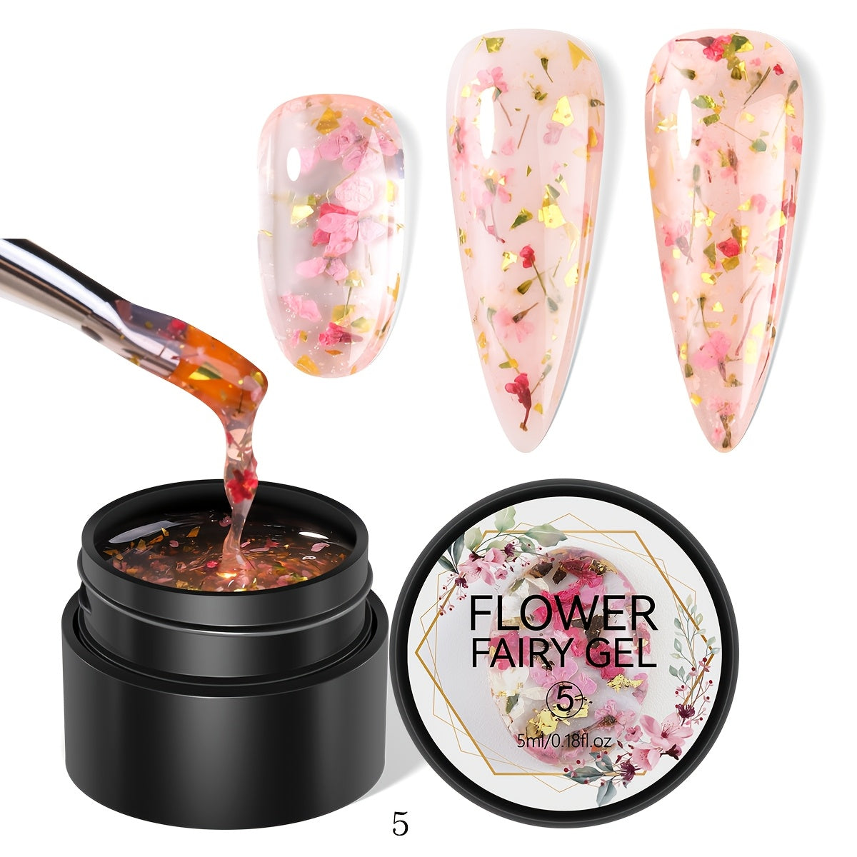 1 bottle of unscented metal compatible soak-off gel nail polish with dried flower design in colors of pink, red, yellow, and blue. Ideal for DIY manicures and nail art.