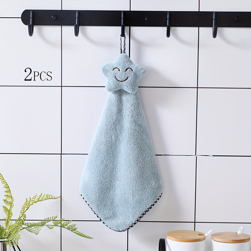 2pcs Cartoon Star Decor Fingertip Towels made from Coral Fleece for Kitchen and Bathroom Use. Ideal for drying hands, hanging in your home as a cute decoration, or using as a tea towel.