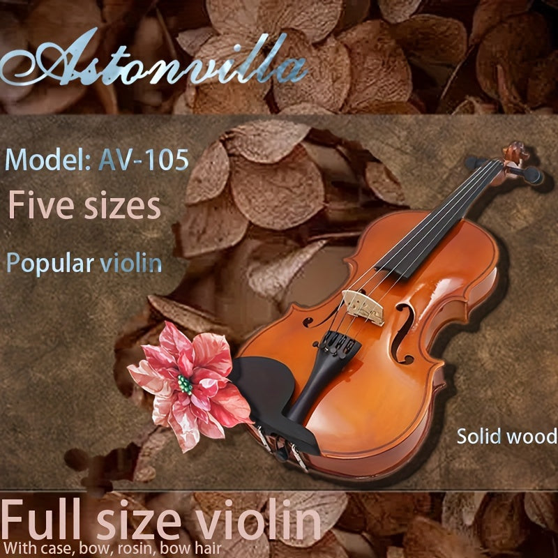 Astonvilla AV-105 Premium Full Size Violin: Lightweight, Durable Wood with Rich Tone for Beginners & Pros - Includes Case, Rosin, & Extra Bow Hair.