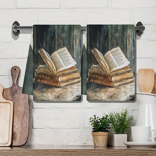 Set of 2 Kitchen Towels, Ultra Soft and Highly Absorbent, With the Delightful Elegance of a Well-Worn Book, Perfect for Holiday Decor, Machine Washable, 16x24 Inches - Model 2KYSYS1218480