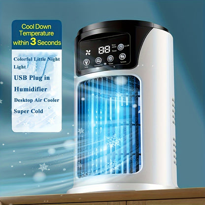 Portable USB air conditioner with humidifier, cooling fan, and atmosphere light - perfect for home and office.