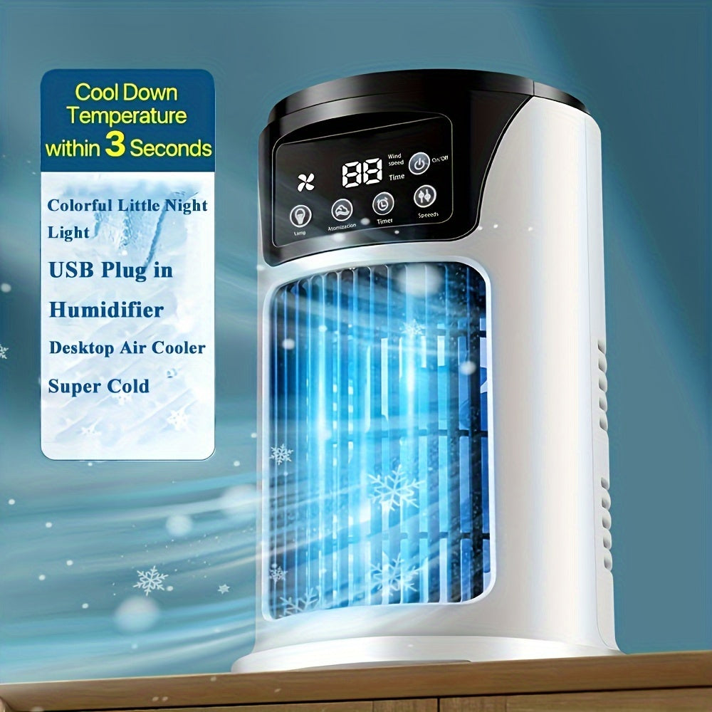 USB powered portable air conditioner humidifier with 6 adjustable speeds, 300ml water tank, ideal for various room types, made of durable plastic, operates on ≤36V.