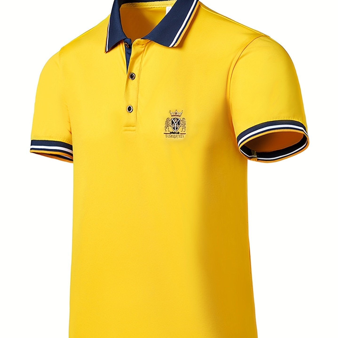 Men's classic yellow shirt with embroidered logo. Made of casual polyester, short sleeves, and knit fabric. Non-transparent and suitable for summer wear. Hand or dry clean only. Comfortable