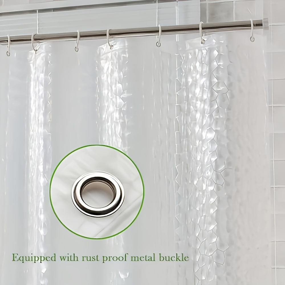 Waterproof 3D pebble pattern shower curtain without hooks for bathroom decoration.