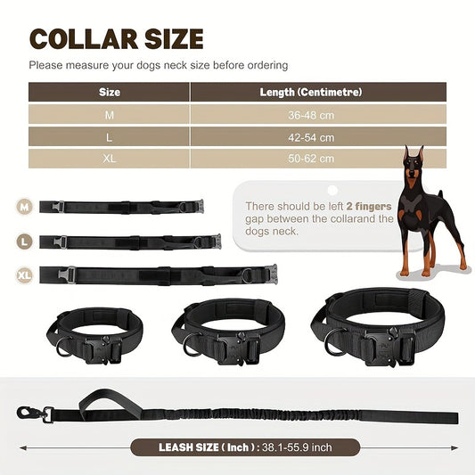 Adjustable tactical dog collar with control handle and heavy metal buckle for daily training and walks of medium to large dogs.