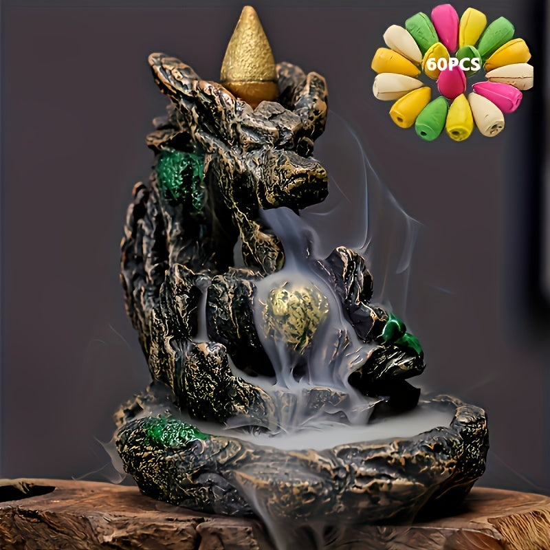 Waterfall backflow incense burner with 60 mixed scent cones for home, office, and work. Ideal for meditation and relaxation.